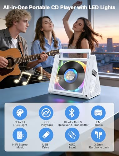 Image of Greadio Portable CD Player with Bluetooth & RGB Ambient Lights for Desktop