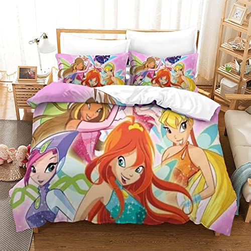 Glamifirsto 3 Pièces Housse De Couette Winx Club Beauty Housse De Couette Imprimé 3D Taie d'oreiller Parure De Lit Linge De Lit, King（220x240cm）,Magical Beauty