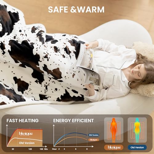 Image of Heated Blanket Throw Blanket - Fast Heating Electric Blanket, Soft Flannel Heated Throw with 4 Time Settings, 10 Heating Settings, Warm Gifts for Women & Mom & Grandma(50 inchx60 inchCow Print White)