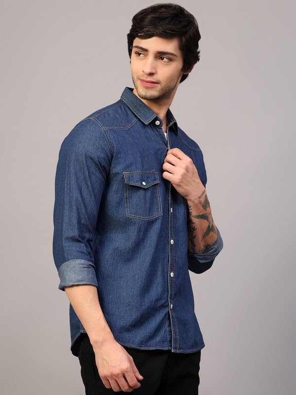 Image of Men's Denim Shirt with Regular Fit Solid Pattern Long Sleeve Collared Neck and Button Down Closure|Men Denim Shirt