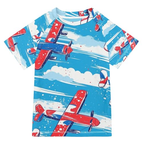 Boys Swing Shirts Airplane Sky Blue Helicopter Rashguard Short Sleeve Kids T-Shirts Sun UPF 50+