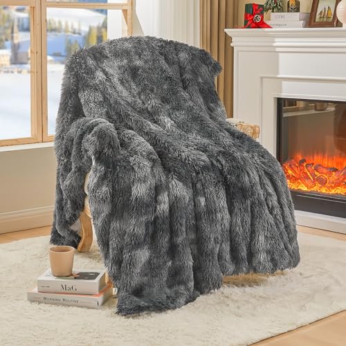 EMME Manta de Piel Sintética Esponjosa, Super Suave, Gruesa y Elegante, Peluda de Pelo Largo, Reversible Cálida y Acogedora para Sofá y Cama (Gris Oscuro, 130 x 150 cm)