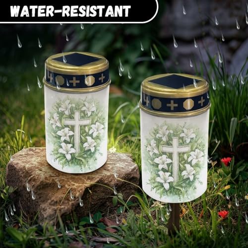 Image of Cross Lily Print Solar Garden Stake Lights Grave Lamp for Outdoor Cemetery Waterproof Dustproof Flameless Solar Lights Automatic Solar Light Solar Light Grave Decoration