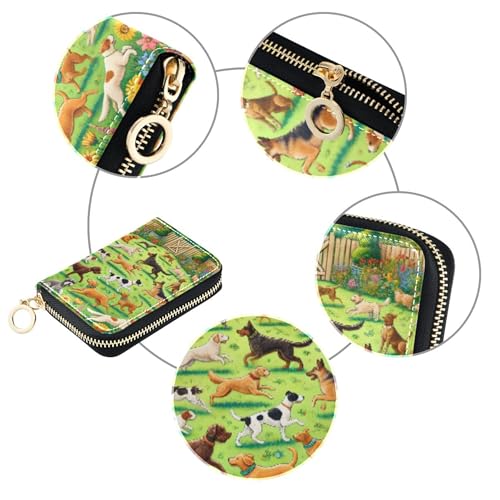 RFID Blocking Credit Card Holder Women's Wallet Small Zip Around Travel Cash Wallet with Coin Pocket Playful Dogs Garden Park4
