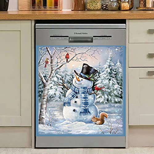 Snowman Bird Magnet Stickers Dishwasher Cover Winter Snowflake Decal Squirrel Fridge Magnetic Sticker Kitchen Decor Farmhouse Christmas 23" W X 17" H #TOP2