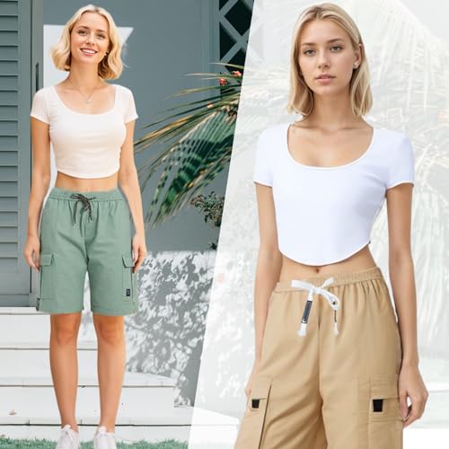 Xinyangni Women'S Casual Cargo Shorts With Pockets Elastic High Waist Drawstring Bermuda Shorts For Women Khaki Us 8-10 thumb #3