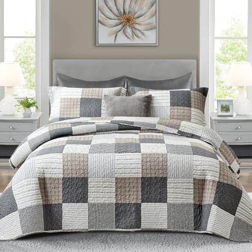 Image of Finlonte King Quilt Bedding Set - 100% Cotton King Size Comforter, Plaid Quilted Bedspread Farmhouse Country Bed Spread, Lightweight Reversible King Quilt Sets All-Season, Gray /Brown /Black /White, 3Pcs