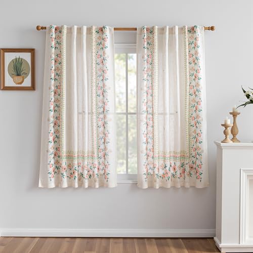 Image of MYSKY HOME Boho Floral Curtains with Butterfly 63 inch Semi Sheer Linen Look for Bedroom Kitchen Bohemian Style Farmhouse Home Decor Light Filtering Privacy Protect Back Tab Drape, 50 inch, Pink, 2 Panels