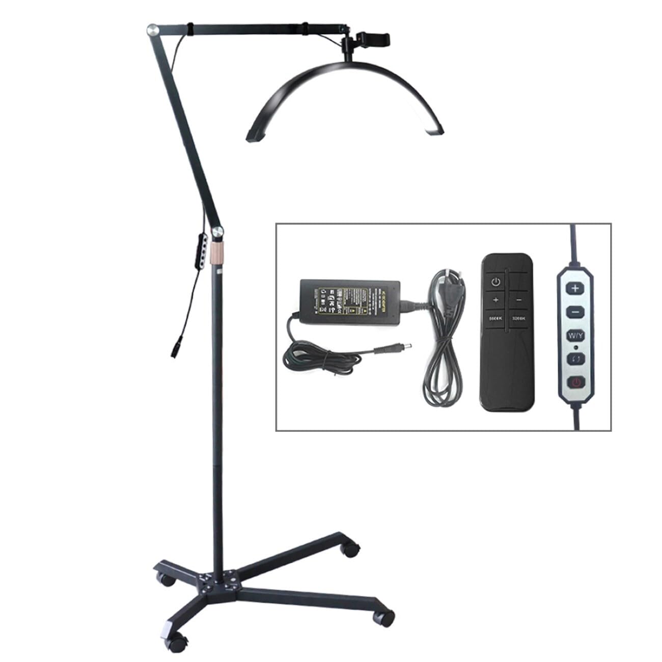 Lampa LED w kształcie półksiężyca Beauty Light, przedłużenie rzęs, podwójna temperatura barwowa, 4 koła, ramię aluminium