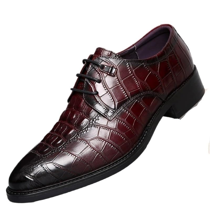 Mens Top Grain Leather Dress Shoes Lace-Up Business Formal British Style Crocodile Pattern Pointed Toe Oxford