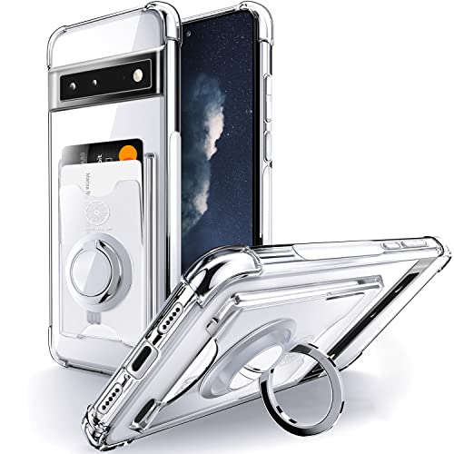 Rockaway Pixel 6A 5G ケース リング スタンド 背面 3枚カード収納 財布 耐衝撃 耐久 すり傷防止 滑り止め 四隅衝撃吸収 透明 TPU スマホケース ピクセル6a カバー - クリア