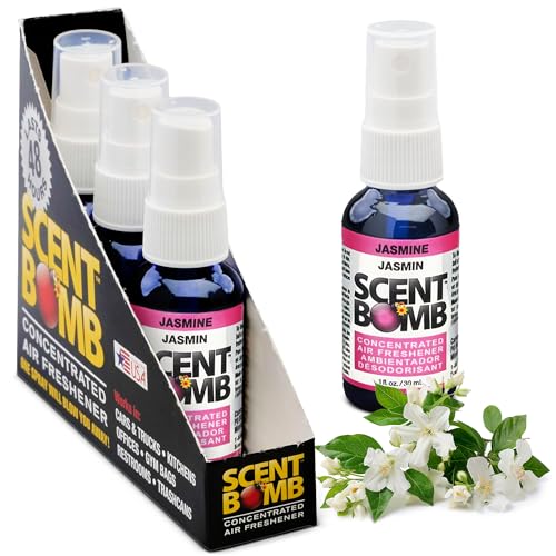 Image of Scent Bomb Air Freshener Spray, Long-Lasting Odor Eliminator - Effective Deodorizer for Home & Car, Fresh Room Spray for Kitchen, Bathroom & Smell Neutralizer - 1 oz Pack of 4, Jasmine Scent