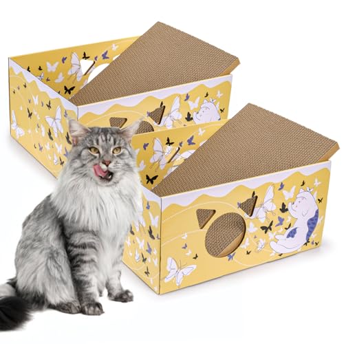 Tlence 2 Pack Cardboard Cat Scratcher Box Butterfly Pattern Cat Hideaway House with Double-Sided Scratch Pads 16.5 Inch Heavy Duty Large Cat Bed Lounger for Indoor Cats
