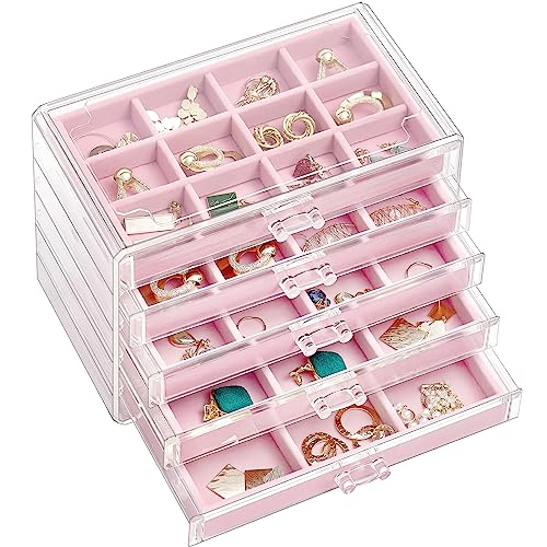 ProCase Organizador para Joyas de Acrílico, Bandeja de Joyas con 5 Cajones Exhibición Transparente de Pendientes, Collares, Anillos para Mujeres y Chicas -Rosa