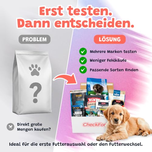 CheckForPet Hundefutter Probierpaket Junior – Welpenfutter Probierbox für Welpen & Junghunde mit Nassfutter und Trockenfutter, Hundefutter trocken & nass von Top-Marken, Geschenkidee