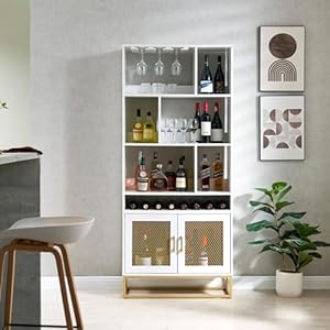 Home Source 71.5″ Modern Bar Cabinet with Storage, Wine Bar Cabinet for Liquor and Glasses,Bookshelves with Mesh Doors,China Cabinet Hutch for Kitchen, Dining Room, Living Room,White Gold
