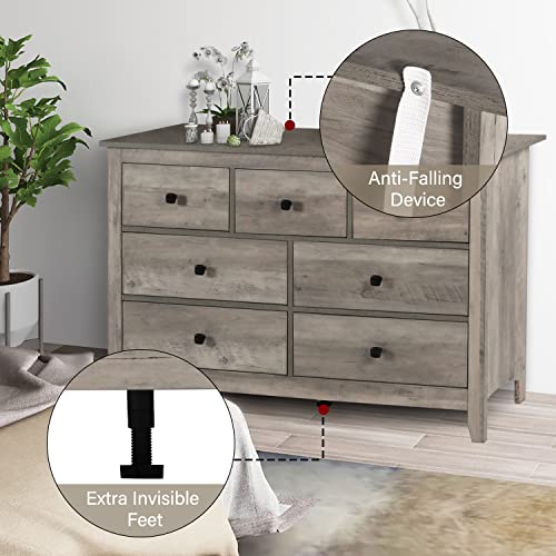 Ltmeuty Bedroom Dresser - Grey Wooden Dresser For Bedroom, 7 Drawers Horizontal Dresser, Farmhouse Style Bedroom Furniture, Chest Of Dresser, Grey Wood Grain #TOP4