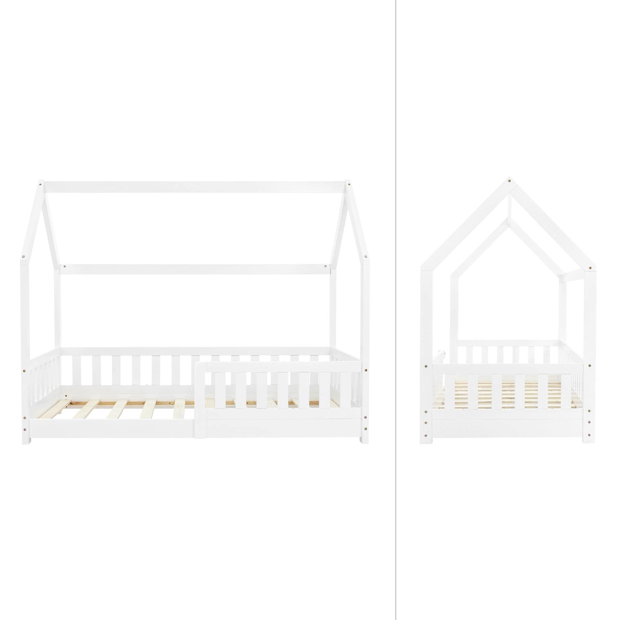 ML-Design Cama Infantil Casa Blanca 80x160 cm de Madera de Pino con Protección Anticaída, Techo y Somier Estructura de Listones, Cuna de Suelo Maciza, Lecho Casita de Juego para Niño y Bebé