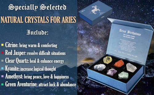 Aries Birthday Crystals Gifts - w/50 Daily Affirmations Cards and 6 Healing Crystals Natural Stones, Positive Affrimations with Inspiraltional Quotes, Spriritual Gifts for Women