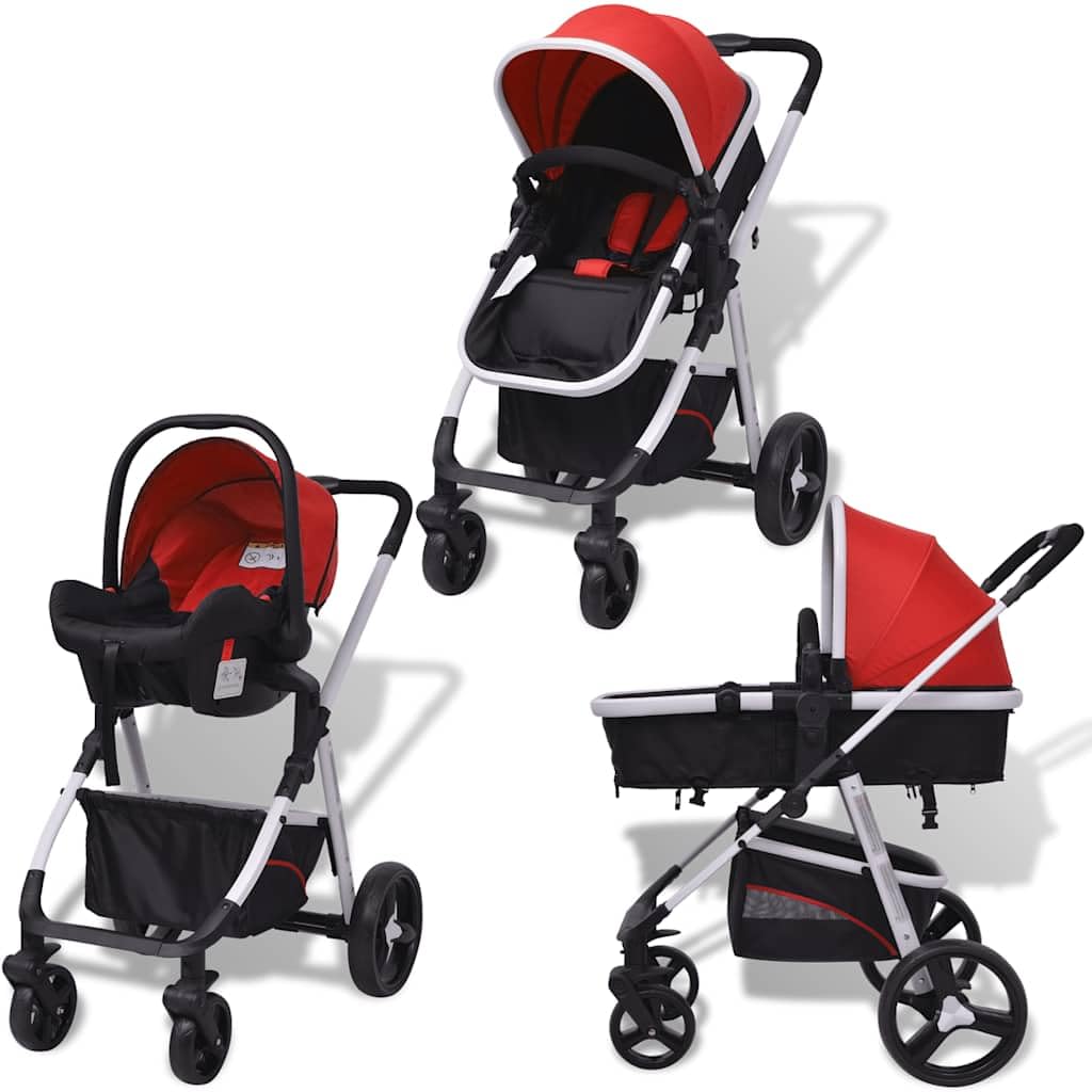 vidaXL Passeggino 3 in 1 Bambini Alluminio Rosso e Nero Carrozzina Seggiolino