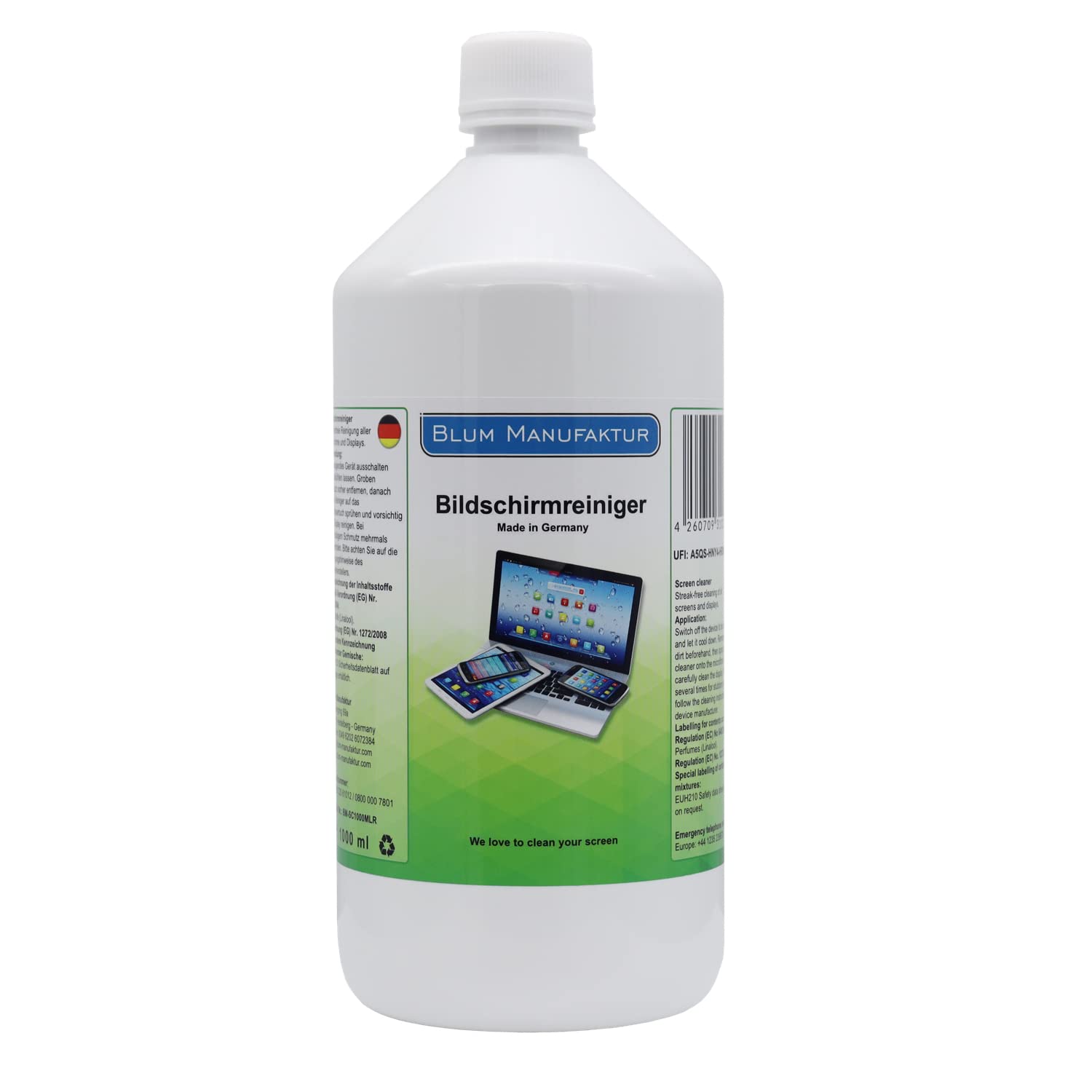 Blum Manufaktur - 1000ml Pulizia dello schermo (ricarica bottiglia). Pulizia perfetta di tutti gli schermi e display. Senza striature e senza strisce.