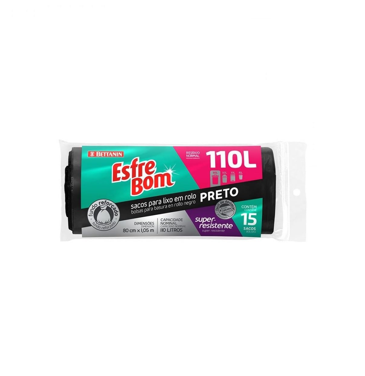 Saco para Lixo Preto, Rolo com 15 sacos de 110 Litros, Esfrebom., EsfreBom, Preto