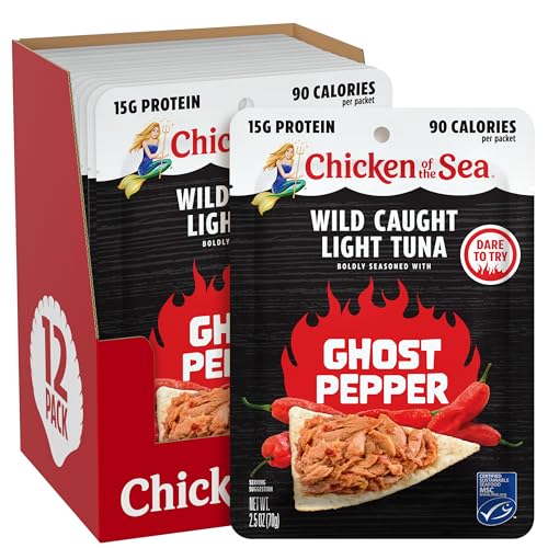 Chicken of the Sea Lightly Seasoned Ghost Pepper Wild Caught Light Tuna, 2.5 Ounce Packets, 4-Count – Scorching Spice Flavored High Protein Tuna in Water – Easy, Nutritious Ready to Eat Meals