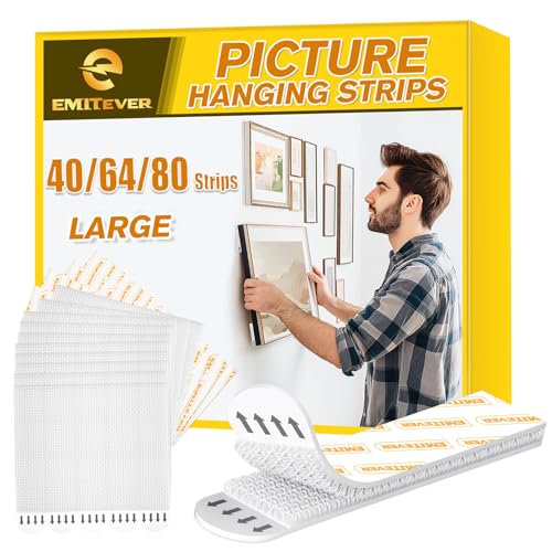 EMITEVER Picture Hanging Strips Heavy Duty, Damage Free Hanging Picture Hangers for Walls, Picture Hanging Kit, Hanging Hooks Without Nails, Large Adhesive Poster Wall Strips 20-Pairs (40 Strips)