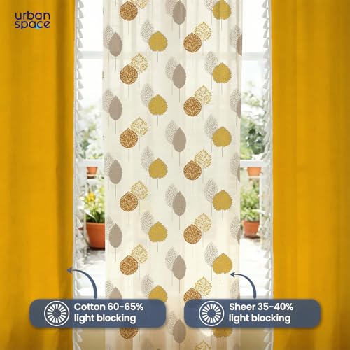 Image of Urban Space Printed 100% Cotton Curtain for Window, Cotton & Sheer Combo Set of 3 Curtains 5 Feet Long, Tieback & Eyelets Included with Curtains for Room Darkening (Drops Mustard Sheer & Aura Yellow)