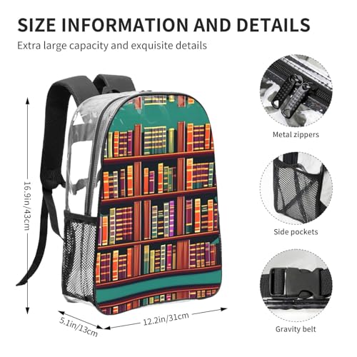 Sac à dos transparent imprimé bibliothèque noir ajustable One Size