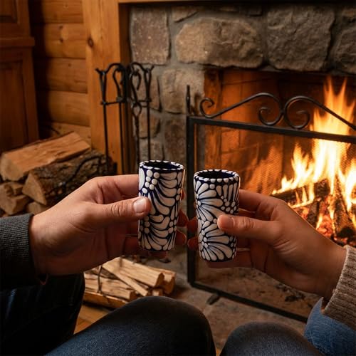 Image of Talavera Shot Glasses Set of 4 Authentic Mexican Tequila Shot Glasses - Hand-painted - 2 Oz (White & Sea Blue)