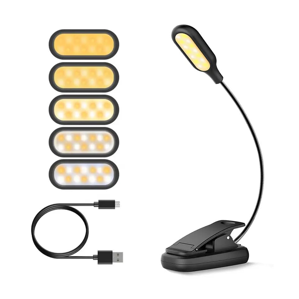 Luz de lectura, 14 LED, 5 Colores de luz, Atenuacion de 4 niveles, Sin Luz Azul, Pinza, 360 Brazo Flexible, Recargable con USB, hasta 150 horas de uso, Facil de Transportar, Ligero. (Vertical)