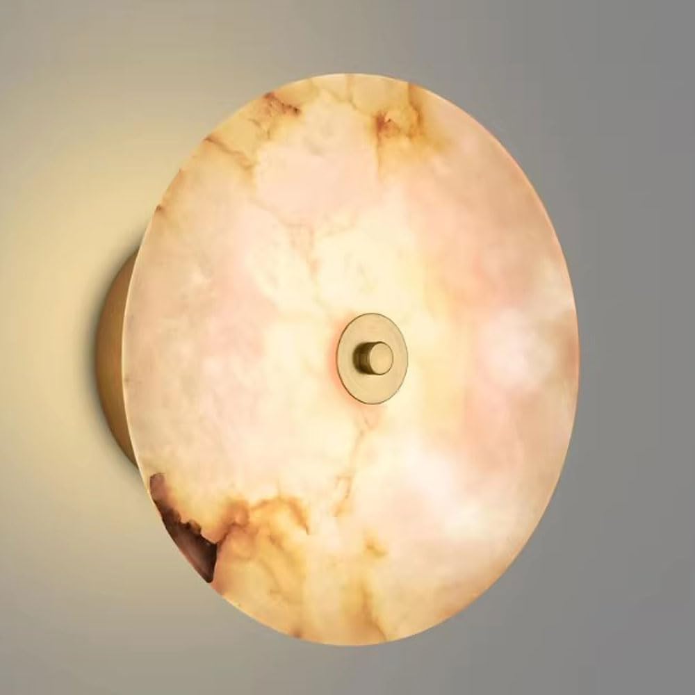 JISHUBO Medieval Modern Style Wall Light, 9.8 in Round Hardwired Wall Sconce, Natural Alabaster Wall Lamp, Living Room Restaurant Bedroom Wall Mounted Lighting Fixtures