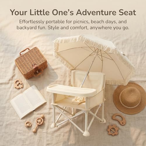Image of Portable Folding Baby Dining Chair, Outdoor high Chair, Foldable Toddler Feeding seat with Sunshade and seat Belt (Beige Tassel Umbrella)