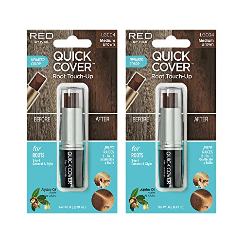 RED by Kiss Quick Cover Root Touch Up Stick, Water-Resistant Temporary Gray Hair Concealer with Brush for Roots and Beard, Long-Lasting Coverage, Easy Application (2 Pack, Medium Brown)