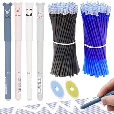 JEYORZY 4 Pcs Bolígrafos Gel Borrables Tinta Gel Bolígrafo 0.5mm Bolígrafos de Animales con 40 Recambios y 2 Gomas Borrar Bolígrafos Bonitos para Oficina Escuela Papelería Estudiantes Azul Negro