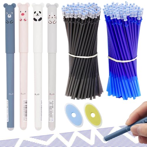 JEYORZY 4 Pcs Bolígrafos Gel Borrables, Tinta Gel Bolígrafo 0.5mm Bolígrafos de Animales con 40 Recambios y 2 Gomas Borrar, Bolígrafos Bonitos para Oficina Escuela Papelería Estudiantes (Azul, Negro)