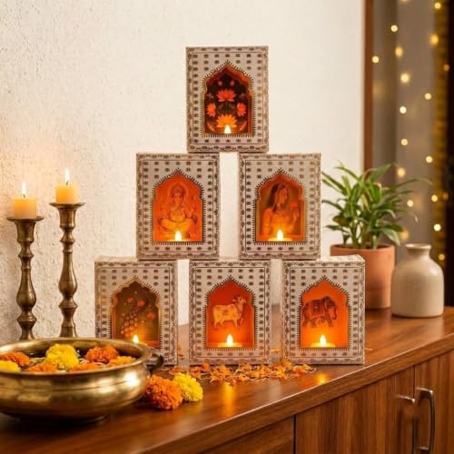 Image of JH Gallery Paper Jharokha Diya Set with LED Candles, DIY Wall Decor, Home Decoration Items for Diwali, Ganesh Chaturthi, Varalakshmi Pooja Decor, Mandir, Stairs & Festival Decoration (Pack of 6)