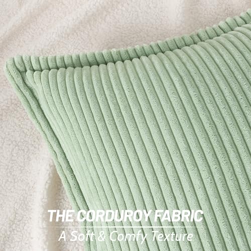 Mecatny Corduroy Throw Pillow Covers 18x18 Set of 2, Neutral Decorative Soft Boho Couch Pillow Covers with Broadside for Sofa Living Room, Sage Green