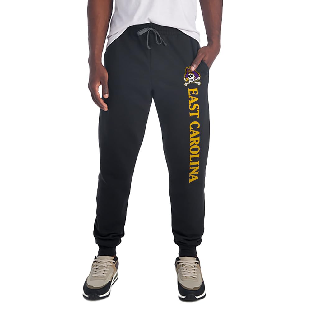 East Carolina University Collegiate Team Logo Down The Leg Print Unisex Jogger Sweatpants with Pockets for Men and Women, Black, Large