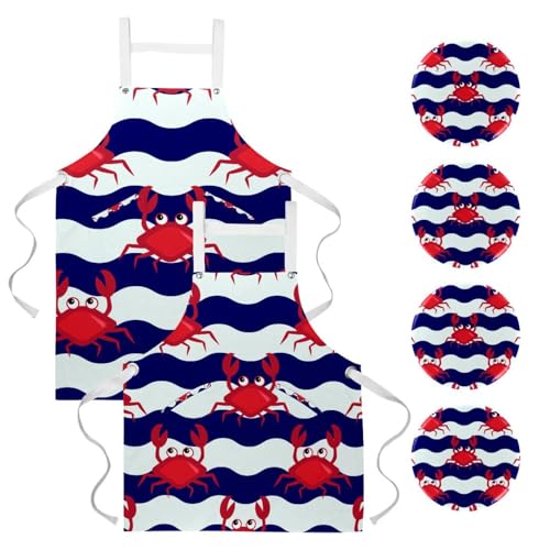 Tablier de cuisine lot de 2 avec motif crabe mignon bleu pour pâtisserie