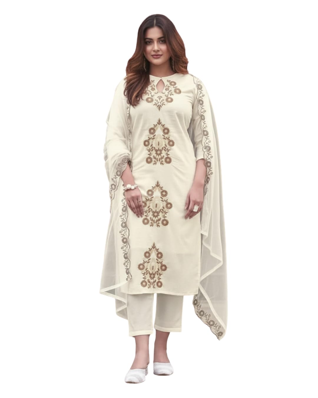 Womens Rayon Slub febric Embroidered Work 3/4 Sleeve Keyhole Neck Kurta with reyon Pent with Soft Orgaza Dupatta Set for Women-image-10