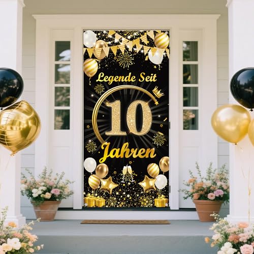 Deko 10 Geburtstag Jungen Mädchen Banner - Schwarz Gold Legende Seit 10 Jahren Türbanner 165 x 80 cm Stoff Hintergrund Tür Dekoration für 10. Geburtstagsfeier