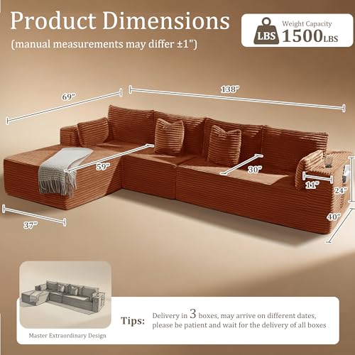 Image of 138 inch Cloud Sectional Couch, Comfort L Shaped Boneless Couch for Living Room, Extra Deep Seats No Assembly, Minimalist Modular Sofa, Corduroy (Deep Orange, 3 Seater+Right Facing Chaise)