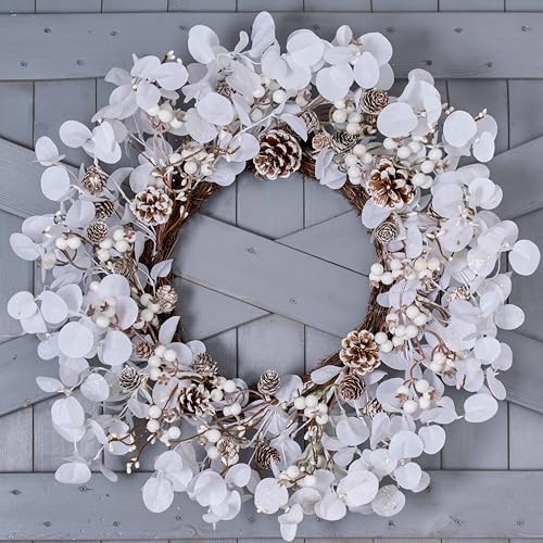 WSTPUPU Winter Wreath 20 Inch Winter Wreaths for Front Door Artificial White Berry Wreath with Pine Cones and White Leaves for Home Wall Porch Christmas Holiday