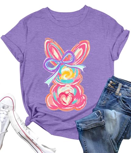 Image of Women Happy Easter T Shirt Bunny Rabbit Graphic T-Shirt Funny Letter Printed Shirts Short Sleeve Tops