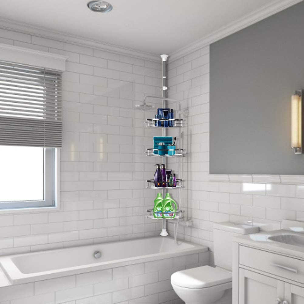 Teleskop Duschregal Edelstahl rostfrei,Regal Badezimmer,Duschregal Teleskop ohne Bohren,Höhenverstellbar,Teleskopregal Bad mit 4 Körben,Shampoo Halterung für Dusche. (Silber (Metalltablett))