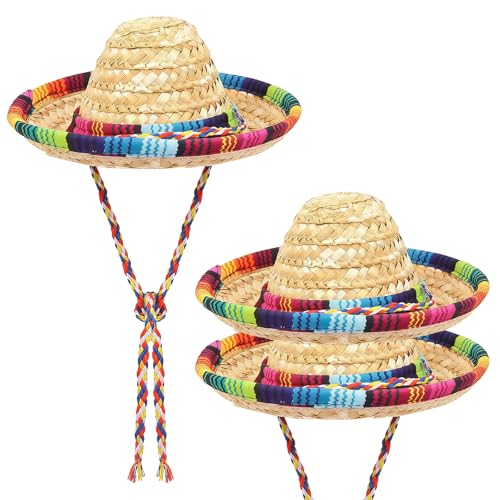 XNHIU 3 Pcs Mini Mexican Sombrero Hats Fiesta Straw Hat Colorful Sombrero Hats for Mexican Theme Party Favors Cute Straw Sombreros for Carnival Decorations