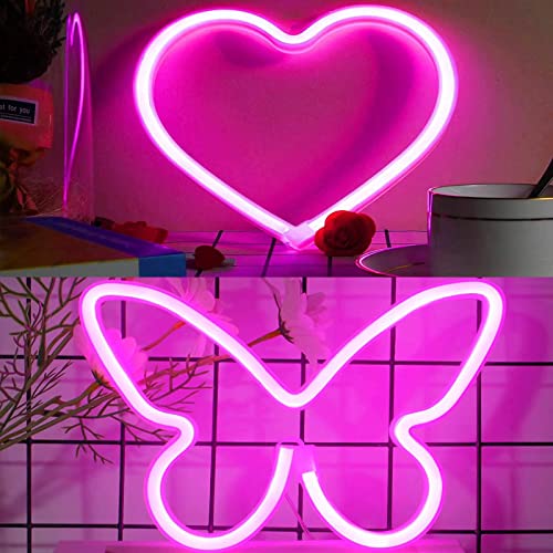 EXF Pink Heart & Pink Butterfly Neon Sign,Battery Operated or USB Powered LED Neon Light for Party, Home Decoration Lamp, Table & Wall Decoration Light for Girl's Room Dorm Wedding Anniversary Decor