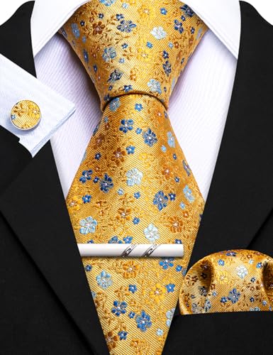Image of Barry.Wang 6 PCS Men Ties Set Silk Business Fashion Woven Necktie Handkerchief Cufflinks Paisley Stripe Wedding Party